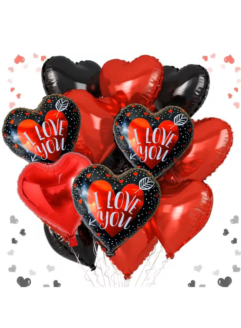 12 Pcs Red And Black Heart Shape I Love You Printed  Foil Balloons For Birthday Valentines Day And Anniversary Party Decoration